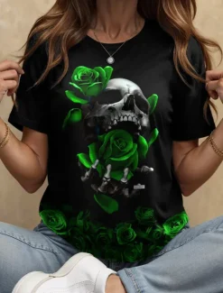 Outlet Halloween Women's T Shirt Floral Graphic Skull Vintage Stylish Classic Short Sleeve Crew Neck Round Neck Regular Tops Daily Weekend Print Black and White Black Yellow Red Blue Summer Fall Women T-Shirts