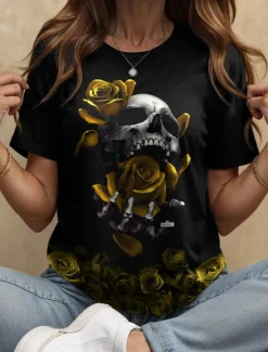Outlet Halloween Women's T Shirt Floral Graphic Skull Vintage Stylish Classic Short Sleeve Crew Neck Round Neck Regular Tops Daily Weekend Print Black and White Black Yellow Red Blue Summer Fall Women T-Shirts