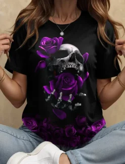 Outlet Halloween Women's T Shirt Floral Graphic Skull Vintage Stylish Classic Short Sleeve Crew Neck Round Neck Regular Tops Daily Weekend Print Black and White Black Yellow Red Blue Summer Fall Women T-Shirts