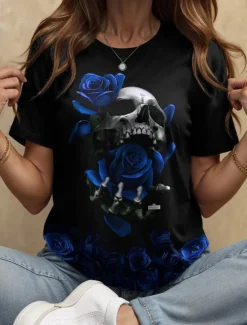 Outlet Halloween Women's T Shirt Floral Graphic Skull Vintage Stylish Classic Short Sleeve Crew Neck Round Neck Regular Tops Daily Weekend Print Black and White Black Yellow Red Blue Summer Fall Women T-Shirts