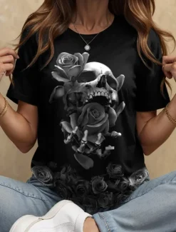 Outlet Halloween Women's T Shirt Floral Graphic Skull Vintage Stylish Classic Short Sleeve Crew Neck Round Neck Regular Tops Daily Weekend Print Black and White Black Yellow Red Blue Summer Fall Women T-Shirts