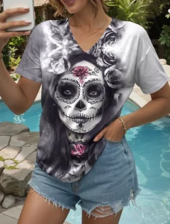 Discount Halloween Women's T Shirt Floral Graphic Skull Vintage Stylish Classic Short Sleeve V Neck Regular Tops Daily Print Black Orange Gray Summer Spring Women T-Shirts