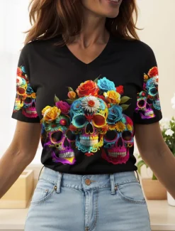 Discount Halloween Women's T Shirt Floral Graphic Skull Vintage Stylish Classic Short Sleeve V Neck Regular Tops Daily Print Black Orange Gray Summer Spring Women T-Shirts