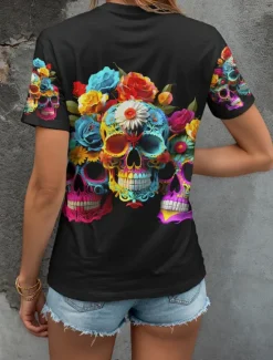 Discount Halloween Women's T Shirt Floral Graphic Skull Vintage Stylish Classic Short Sleeve V Neck Regular Tops Daily Print Black Orange Gray Summer Spring Women T-Shirts