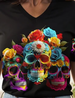 Discount Halloween Women's T Shirt Floral Graphic Skull Vintage Stylish Classic Short Sleeve V Neck Regular Tops Daily Print Black Orange Gray Summer Spring Women T-Shirts