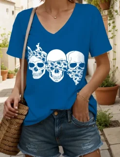 Clearance Halloween Women's T Shirt Graphic Skull Cat Vintage Stylish Classic Short Sleeve V Neck Regular Tops Daily Print Black and White Black White Yellow Pink Summer Spring Women T-Shirts