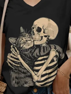 Clearance Halloween Women's T Shirt Graphic Skull Cat Vintage Stylish Classic Short Sleeve V Neck Regular Tops Daily Print Black and White Black White Yellow Pink Summer Spring Women T-Shirts