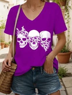 Clearance Halloween Women's T Shirt Graphic Skull Cat Vintage Stylish Classic Short Sleeve V Neck Regular Tops Daily Print Black and White Black White Yellow Pink Summer Spring Women T-Shirts
