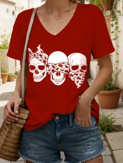 Clearance Halloween Women's T Shirt Graphic Skull Cat Vintage Stylish Classic Short Sleeve V Neck Regular Tops Daily Print Black and White Black White Yellow Pink Summer Spring Women T-Shirts