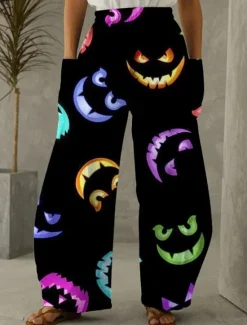Hot Halloween Women's Wide Leg Chinos Vacation Vintage Ethnic Style Full Length Mid Waist Pant Pumpkin Halloween Comfy Inelastic Vacation Street Causal Violet Black Yellow Orange Spring Fall Winter Women Pants