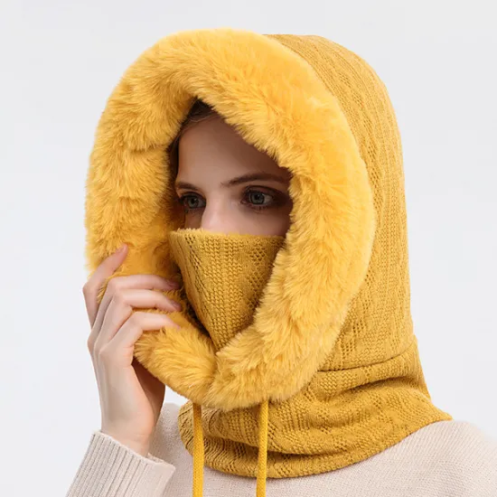 Hot High Quality Winter Fur Cap Mask Set Hooded for Women Knitted Cashmere Neck Warm Outdoor Ski Windproof Hat Thick Plush Fluffy Beanies Women Hats