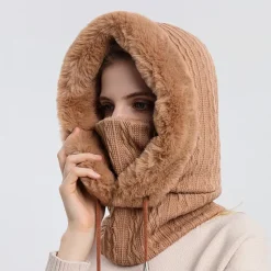 Hot High Quality Winter Fur Cap Mask Set Hooded for Women Knitted Cashmere Neck Warm Outdoor Ski Windproof Hat Thick Plush Fluffy Beanies Women Hats