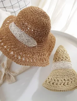 Online Hollow Crochet Bucket Hat Lace Ribbon Tie Wide Brim Breathable Straw Sun Hat Elegant Sunshade Travel Beach Hats For Women Women Hats