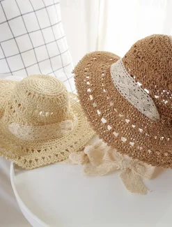 Online Hollow Crochet Bucket Hat Lace Ribbon Tie Wide Brim Breathable Straw Sun Hat Elegant Sunshade Travel Beach Hats For Women Women Hats