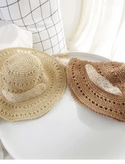 Online Hollow Crochet Bucket Hat Lace Ribbon Tie Wide Brim Breathable Straw Sun Hat Elegant Sunshade Travel Beach Hats For Women Women Hats
