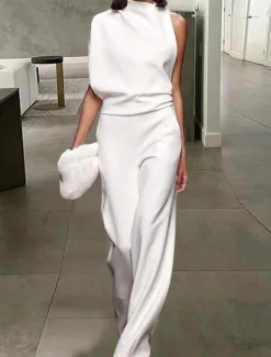 Hot Jumpsuits for Women Dressy Damen Elegant Lang Hosenanzug One Shoulder Mode Einteiler Weites Bein Casual Overall Einfarbig Baggy Sexy Formal Work Playsuit Romper Summer Fall Women Jumpsuits