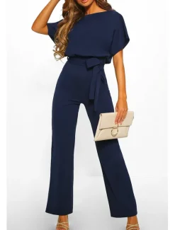 Online Jumpsuits for Women Summer Dressy Short Sleeve Belt Clean Fit Party Wide Leg Playsuit Long Pants Summer Women Jumpsuits