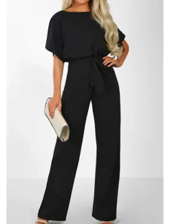 Online Jumpsuits for Women Summer Dressy Short Sleeve Belt Clean Fit Party Wide Leg Playsuit Long Pants Summer Women Jumpsuits