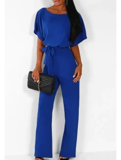 Online Jumpsuits for Women Summer Dressy Short Sleeve Belt Clean Fit Party Wide Leg Playsuit Long Pants Summer Women Jumpsuits