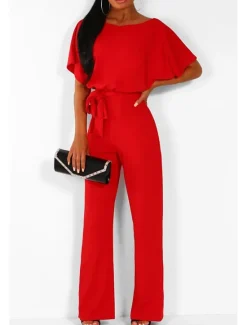 Online Jumpsuits for Women Summer Dressy Short Sleeve Belt Clean Fit Party Wide Leg Playsuit Long Pants Summer Women Jumpsuits