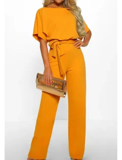 Online Jumpsuits for Women Summer Dressy Short Sleeve Belt Clean Fit Party Wide Leg Playsuit Long Pants Summer Women Jumpsuits