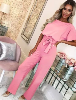 Online Jumpsuits for Women Summer Dressy Short Sleeve Belt Clean Fit Party Wide Leg Playsuit Long Pants Summer Women Jumpsuits