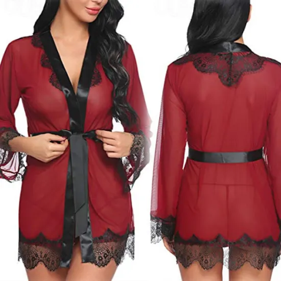 Ladies Sexy See-Through Gauze Nightgown Lace Edge Fun Set Home Outfits Women Lingerie