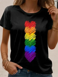 Online LGBT Pride Parade Pride Raindow Women's T Shirt Graphic Rainbow Vintage Stylish Classic Short Sleeve Crew Neck Round Neck Regular Tops Daily Print Black and White Black Rainbow Summer Women T-Shirts