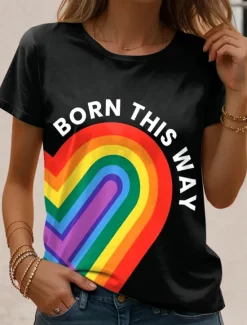 Online LGBT Pride Parade Pride Raindow Women's T Shirt Graphic Rainbow Vintage Stylish Classic Short Sleeve Crew Neck Round Neck Regular Tops Daily Print Black and White Black Rainbow Summer Women T-Shirts