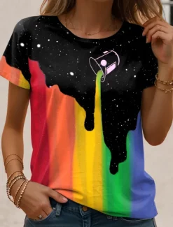 Online LGBT Pride Parade Pride Raindow Women's T Shirt Graphic Rainbow Vintage Stylish Classic Short Sleeve Crew Neck Round Neck Regular Tops Daily Print Black and White Black Rainbow Summer Women T-Shirts