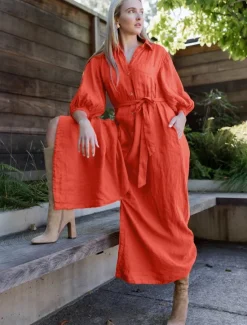 Sale Linen Lace Up Pocket Maxi Shirt Dress Women Casual Dress