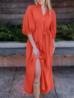 Sale Linen Lace Up Pocket Maxi Shirt Dress Women Casual Dress