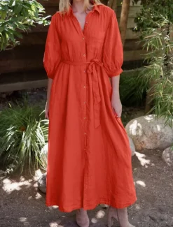 Sale Linen Lace Up Pocket Maxi Shirt Dress Women Casual Dress
