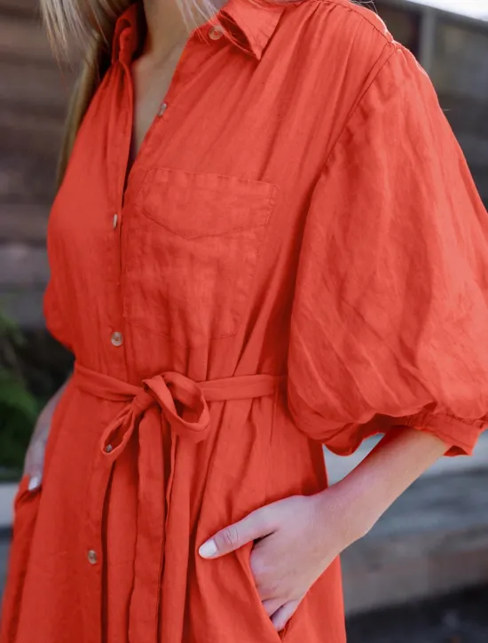 Sale Linen Lace Up Pocket Maxi Shirt Dress Women Casual Dress