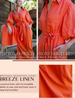 Sale Linen Lace Up Pocket Maxi Shirt Dress Women Casual Dress