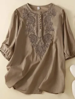 Clearance Linen Shirt Long Cotton Top White Cotton Top White Cotton Blouse Women's White Yellow Blue Floral Embroidered Buttons Street Daily Fashion Round Neck Regular Fit M Women Shirts