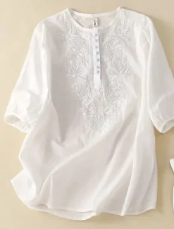 Clearance Linen Shirt Long Cotton Top White Cotton Top White Cotton Blouse Women's White Yellow Blue Floral Embroidered Buttons Street Daily Fashion Round Neck Regular Fit M Women Shirts