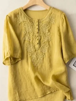 Clearance Linen Shirt Long Cotton Top White Cotton Top White Cotton Blouse Women's White Yellow Blue Floral Embroidered Buttons Street Daily Fashion Round Neck Regular Fit M Women Shirts