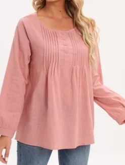 Outlet Linen Shirt Long Cotton Top White Cotton Top White Cotton Blouse Women's White Pink Solid Color Buttons Street Daily Fashion Shirt Collar Cotton Linen Regular Fit M Women Shirts