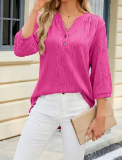 Long Cotton Top White Cotton Blouse Women's Black White Pink Waves Button Street Daily Fashion V Neck S Women Blouses & Shirts