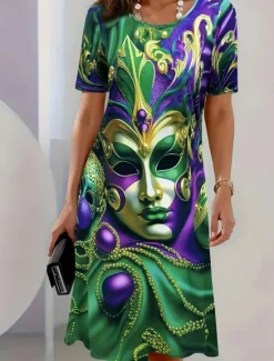 Online Mardi Gras Women's Elegant Party Evening Midi Dress Crew Neck Short Sleeve Casual Dress Shift Dress Summer Dress Stylish Casual Daily Regular Fit Graphic Summer Women T Shirt Dresses