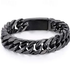 Discount mens chain bracelet 316l stainless steel black punk double curb cuban rombo link 14mm fits 7inch wrist Women Trendy Jewelry