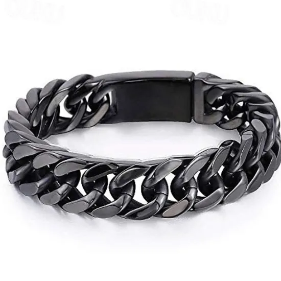 Discount mens chain bracelet 316l stainless steel black punk double curb cuban rombo link 14mm fits 7inch wrist Women Trendy Jewelry