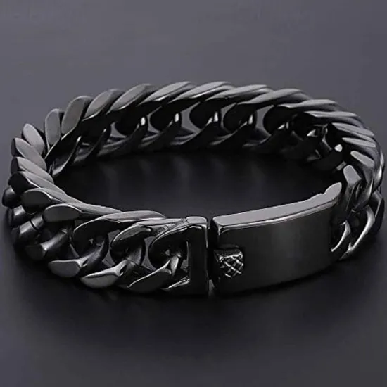 Discount mens chain bracelet 316l stainless steel black punk double curb cuban rombo link 14mm fits 7inch wrist Women Trendy Jewelry