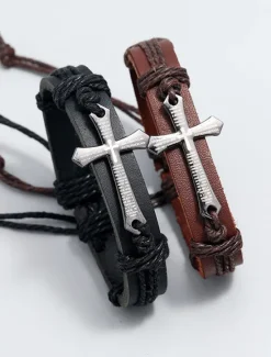 Best Men's Women's Leather Bracelet Classic Vintage Theme Crucifix Fashion Simple Leather Bracelet Jewelry Black / Brown For Daily Holiday Festival Women Trendy Jewelry
