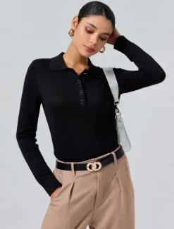 Sale Minimalist Wool Blend Polo Knitwear Women Pullovers & Tops