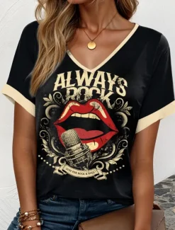 Music Festival Women's T Shirt Graphic Mouth Casual Short Sleeve V Neck Regular Tops Daily Weekend Vacation Wear Print Black Khaki Summer Women T-Shirts