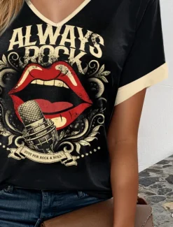 Music Festival Women's T Shirt Graphic Mouth Casual Short Sleeve V Neck Regular Tops Daily Weekend Vacation Wear Print Black Khaki Summer Women T-Shirts