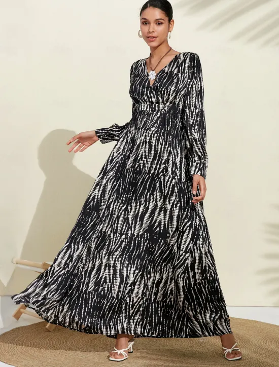 Clearance Neva & White Spotted Print Bubble Satin V Neck Long Sleeve Swing Maxi Dress Women Cocktail Dress