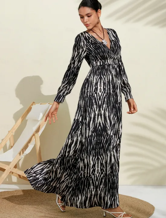 Clearance Neva & White Spotted Print Bubble Satin V Neck Long Sleeve Swing Maxi Dress Women Cocktail Dress